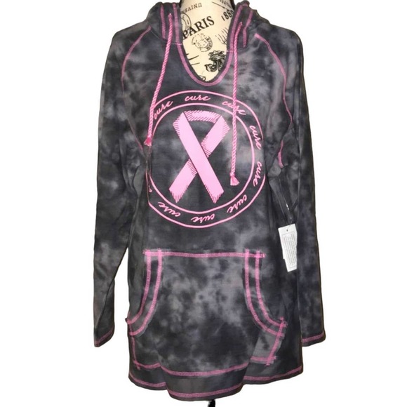 BREAST CANCER AWARENESS GRAY & PINK RIBBON LIGHTWEIGHT HOODIE SMALL - Picture 1 of 3